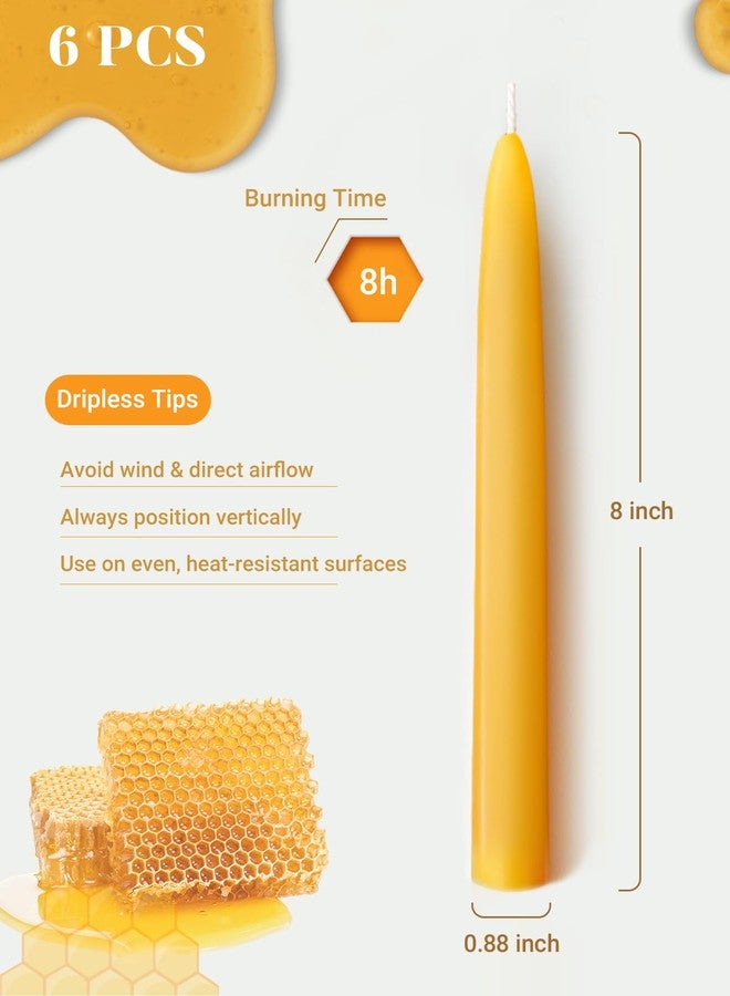 Ashlux 6 Pack Beeswax Taper Candles, 8 Inch Natural Beeswax Candles Unscented and Smokeless, 8 Hours Long Burning Yellow Candle Sticks for Dinner, Wedding, Party, and Home Decor - Image 2